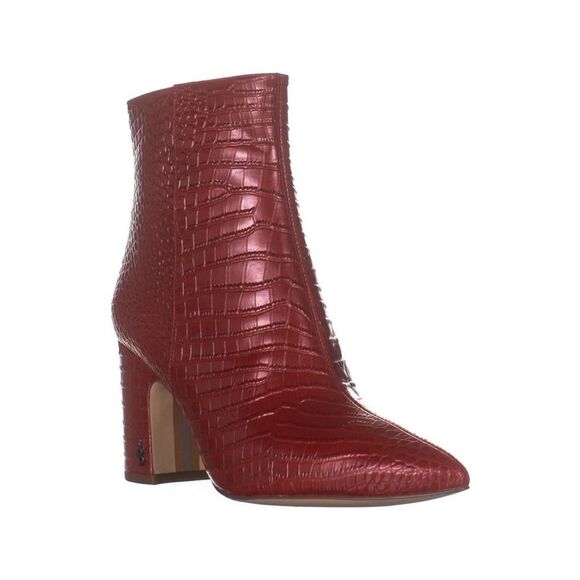NWT SAM EDELMAN Womens Red Croc Comfort Hilty Block Heel Leather Booties 8 M - Picture 1 of 5